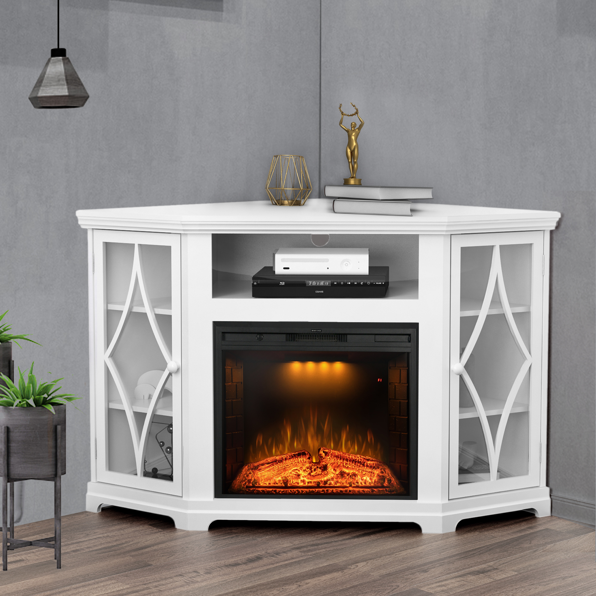 56" Corner Fireplace TV Stand for TV's up to 65 Inches, Entertainment Center TV Console with 25" Electric Fireplace, Adjustable Top Light & Flame Speed, Fire Crackling Sound, White
