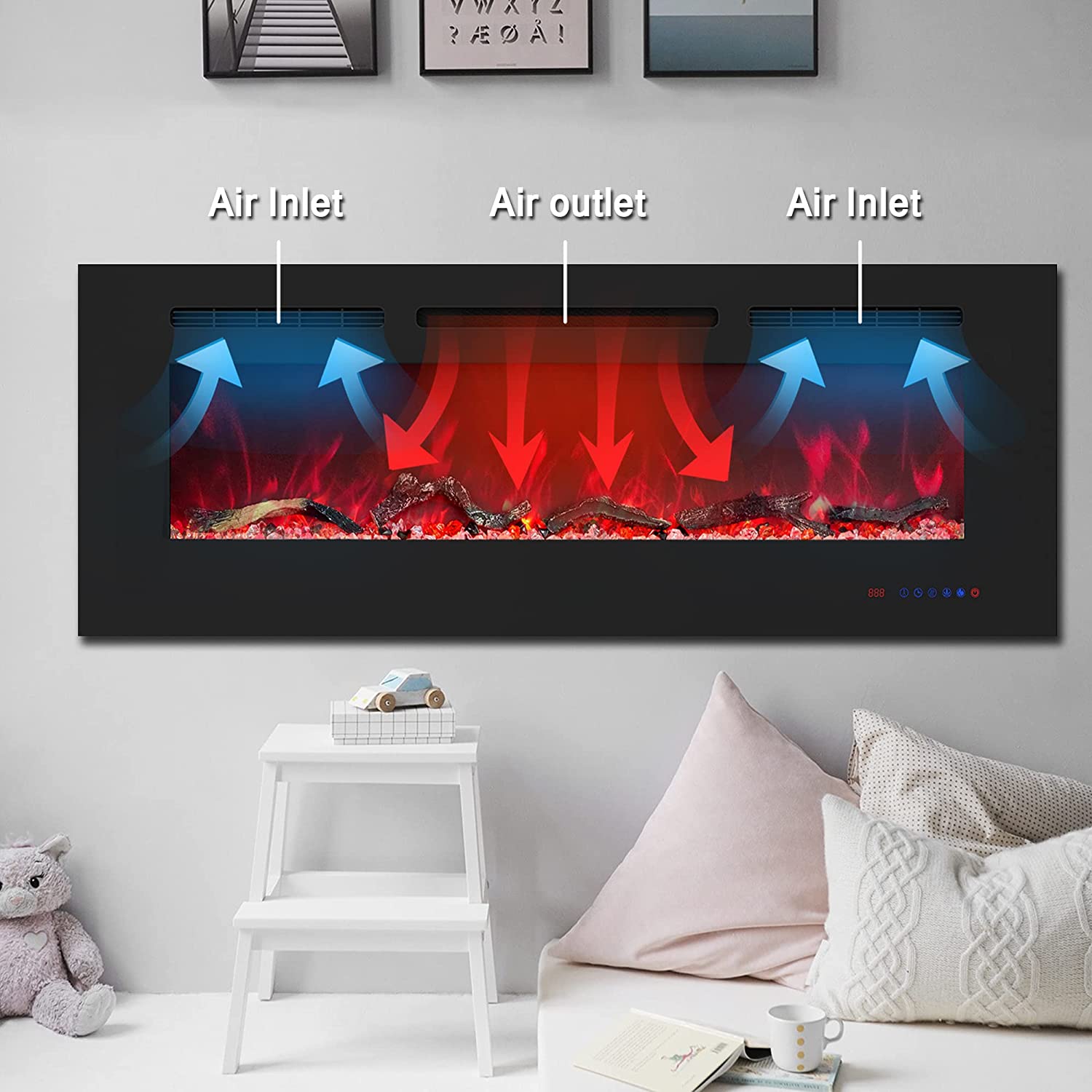 Electric Fireplace Inserts with Multicolor Flame, Log & Crystal, Timer, Recessed and Wall Mounted, 750W/1500W 