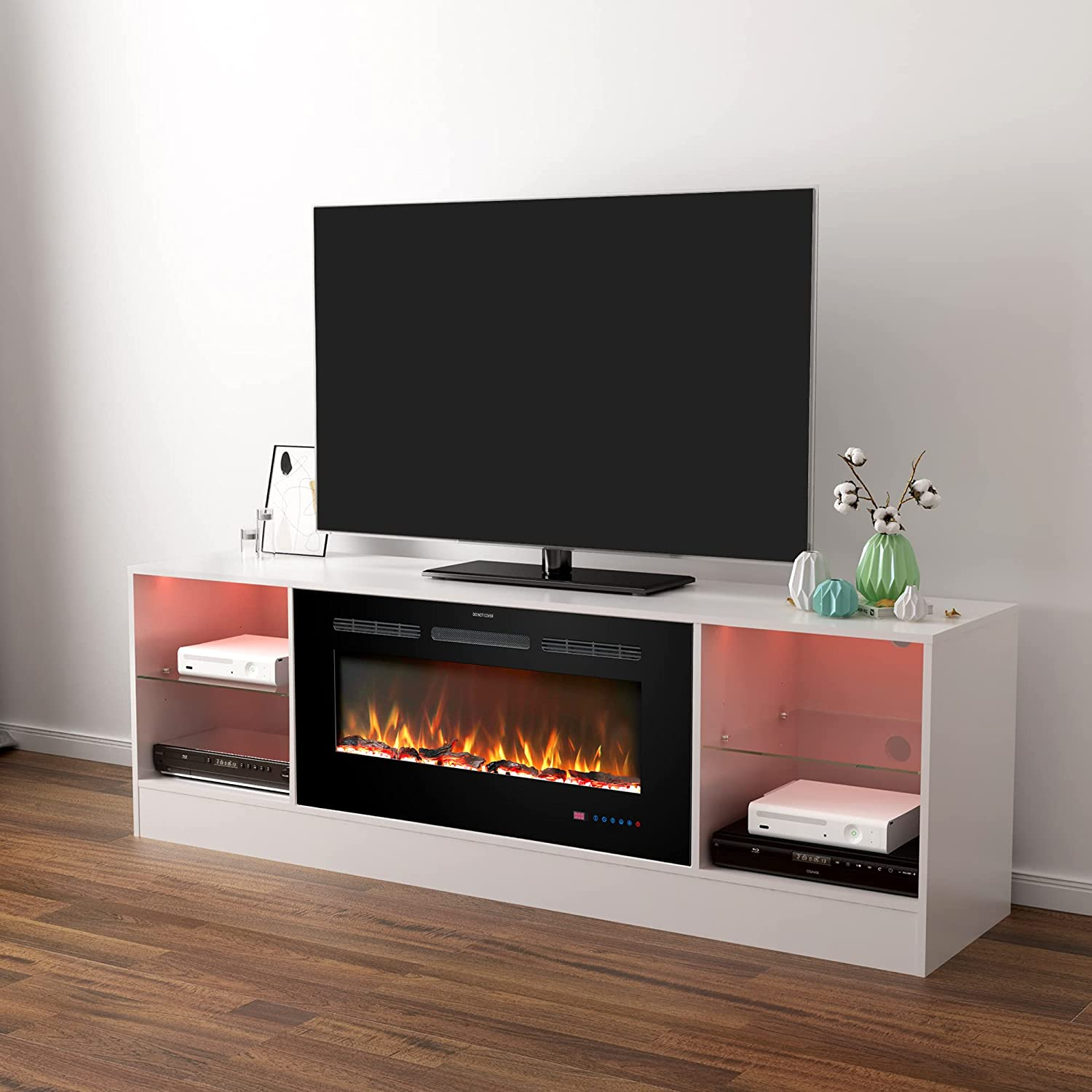 Fireplace 72" TV Stand with 36" Electric Fireplace, Entertainment Center for TVs Up To 80", LED Light, White
