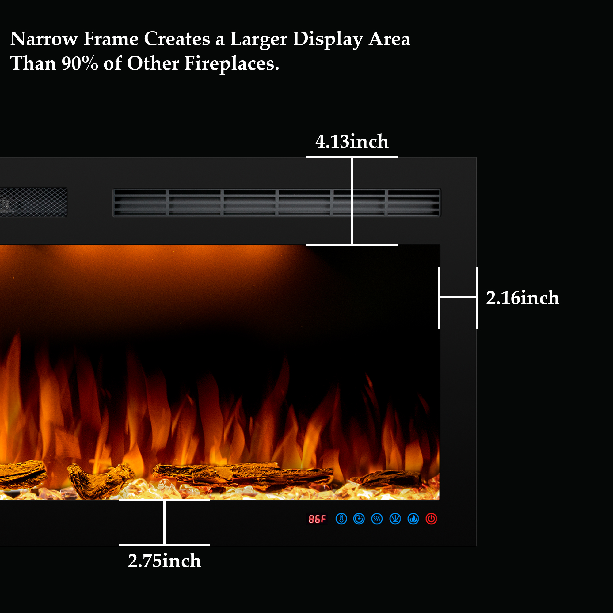 Electric Fireplace with Ultra Slim Frame, Recessed In Wall & Wall Mounted Fireplace Inserts with Remote, Multicolor Flame, Logs & Crystal, Overheating Protection, Black