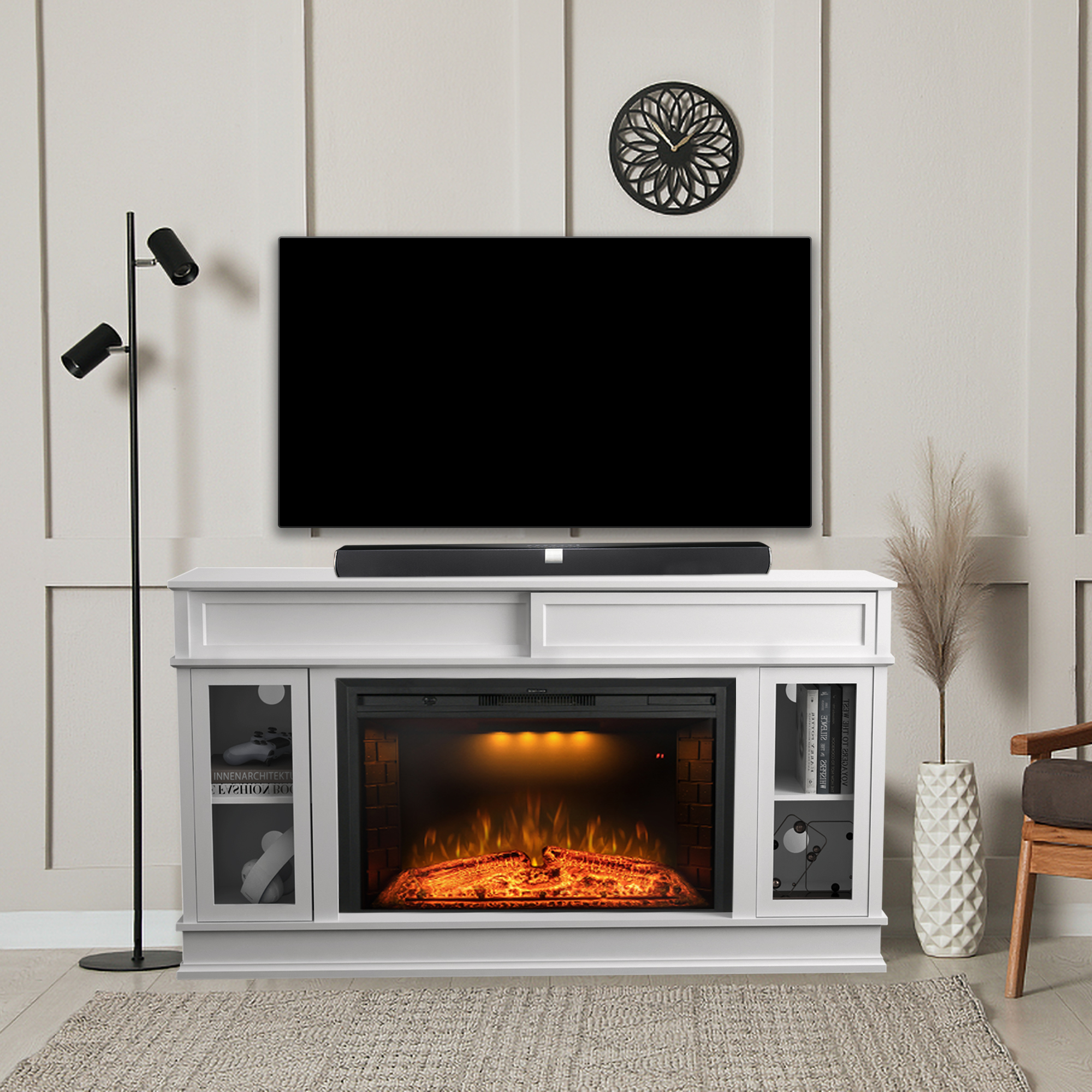TV Stand for TV Up To 65" with Electric Fireplace,Entertainment Center with Spring Pressed Glass Door, Adjustable Shelf & Remote Control, 750/1500 W, White